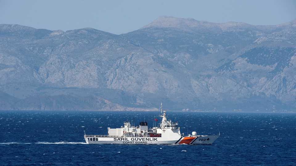 A Turkish coast guard ship patrols in the Aegean Sea off the Turkish coast, April 20, 2016, part of a NATO naval presence meant to monitor illegal naval movement between Turkey and Greece.