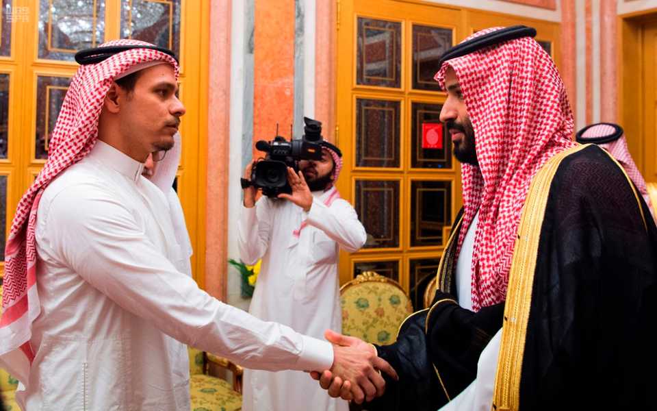 Salah Khashoggi (L), a son of Jamal Khashoggi meets Saudi Crown Prince Mohammed bin Salman in Riyadh, Saudi Arabia, October 23.