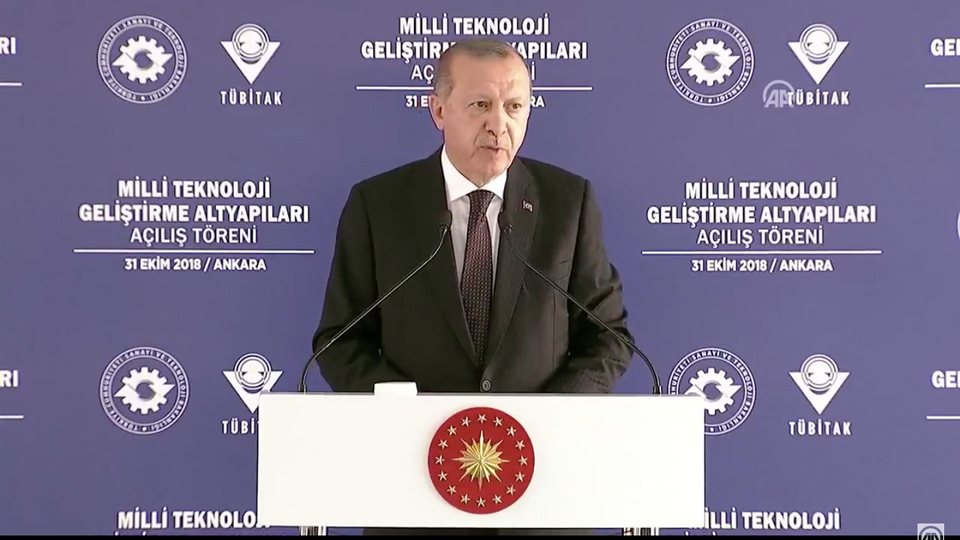 Turkish President Erdogan speaking at the Scientific and Technological Research Council's (TUBITAK) compound in Ankara on Wednesday.