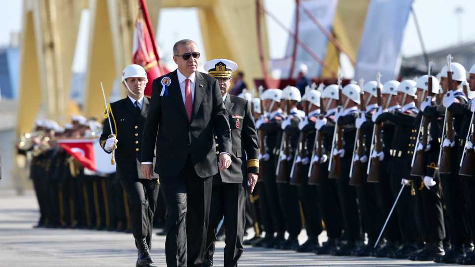 Turkish President Recep Tayyip Erdogan attends a military ceremony for the delivery of third ship of MILGEM, which is Turkey's first indigenous warship programme for the Turkish Naval Forces, and new type of a submarine, in Istanbul, Turkey on November 04, 2018.