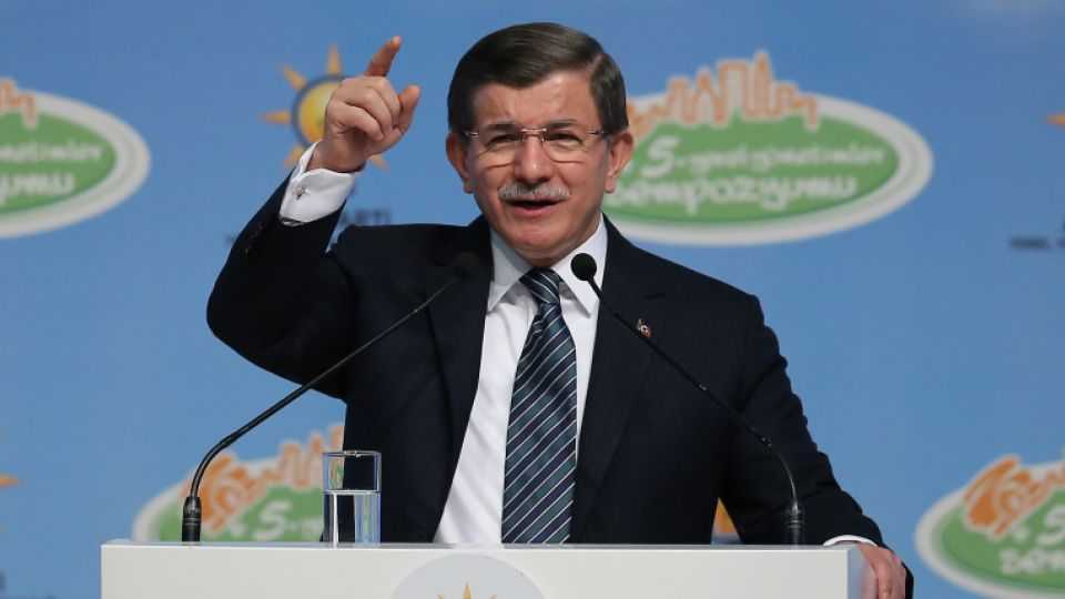 Turkish Prime Minister Ahmet Davutoglu delivers a speech at AK Party's fifth Local Administrations Symposium, Turkey, April 13, 2016.
