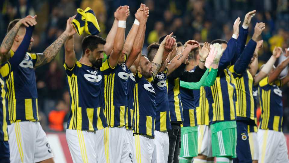 Fenerbahce's players celebrate following the group D Europa League soccer match between Fenerbahce and Anderlecht at the Sukru Saracoglu stadium, in Istanbul, Thursday, November 8, 2018.