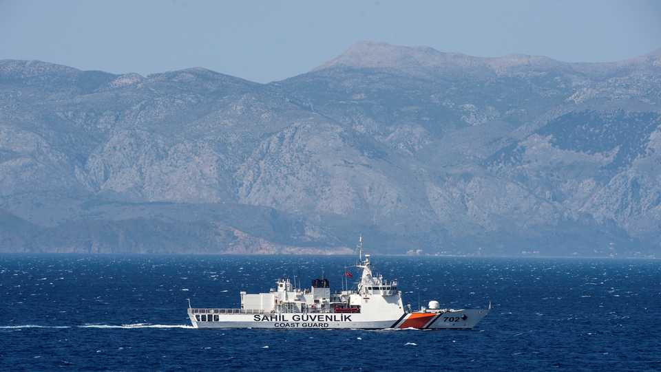 A Turkish coast guard ship patrols in the Aegean Sea off the Turkish coast, April 20, 2016, part of a NATO naval presence meant to monitor illegal naval movement between Turkey and Greece.