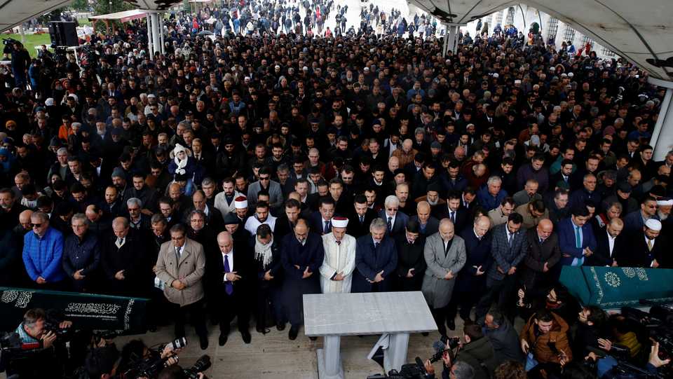 People attend funeral prayers for Saudi journalist Jamal Khashoggi at the courtyard of Fatih mosque in Istanbul, Turkey, November 16, 2018.