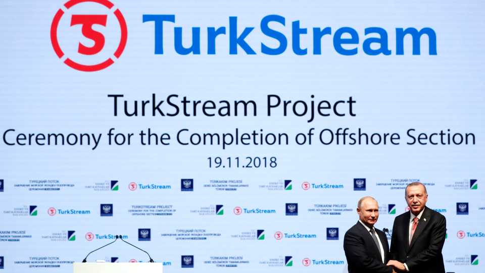 Russian President Vladimir Putin (L) and Turkish President Recep Tayyip Erdogan at a ceremony to mark the completion of the sea part of the TurkStream gas pipeline, in Istanbul, Turkey, November 19, 2018.
