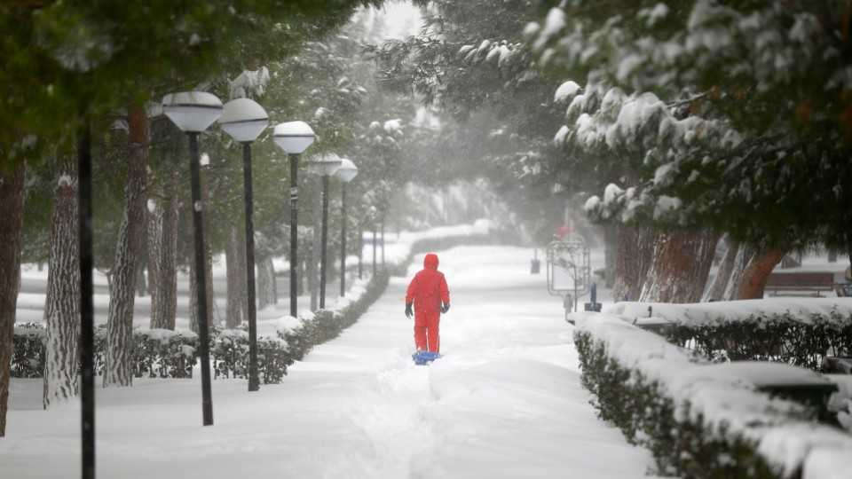A boy walks under snow-covered trees during a snowfall in Istanbul, Turkey, January 7, 2017. 