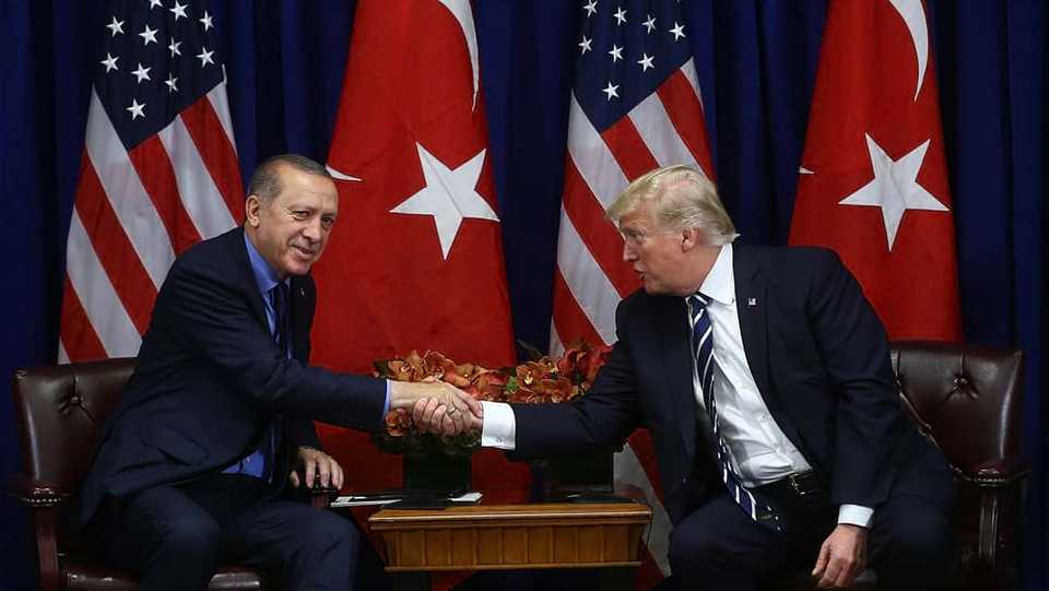 Turkish President Recep Tayyip Erdogan (L) meets with US President Donald Trump (R) as part of his bilateral meetings, at Lotte Hotel in New York, United States on September 21, 2017.