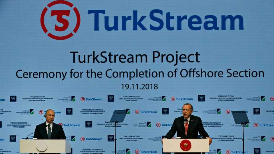 Russian President Vladimir Putin, left, and Turkey's President Recep Tayyip Erdogan, attend an event marking the completion of the offshore part of TurkStream natural gas pipeline that will carry natural gas from Russia to Turkey, in Istanbul, Monday, Nov. 19, 2018. The two 930-kilometer (578-mile) lines when finished are expected to carry 31.5 billion cubic meters (1.1 trillion cubic feet) of Russian natural gas annually to European markets, through Turkish territories.