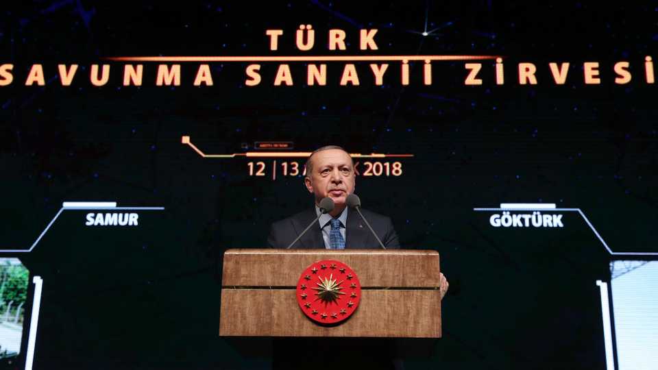 President of Turkey, Recep Tayyip Erdogan speaks at Turkish Defence Industry Summit at the Bestepe People's Congress and Culture Center in the Presidential Complex in Ankara, Turkey (December 12, 2018).