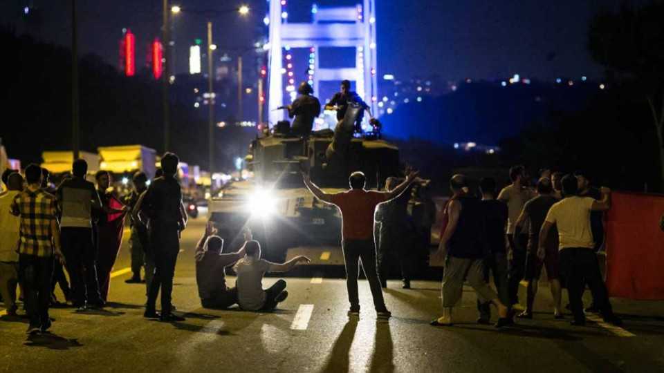 Turkish citizens confront soldiers taking part in the attempted coup on July 15, 2016.