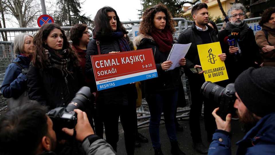 Members of Amnesty International Turkey gathered at the Saudi Arabian consulate in Istanbul on Thursday, January 10, 2019 to mark 100 days since journalist Jamal Khashoggi was killed inside the consulate on October 2, 2018.