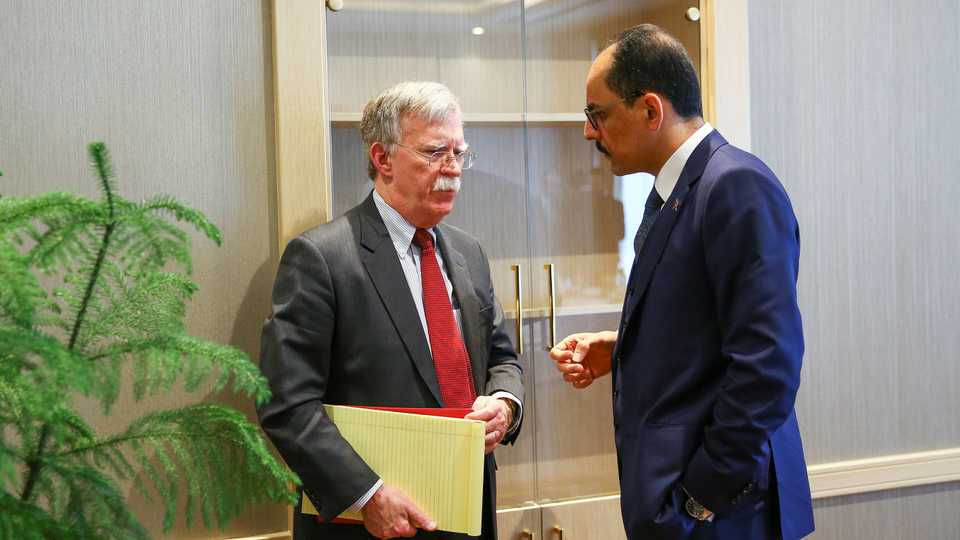 US National Security Adviser John Bolton and his Turkish counterpart Ibrahim Kalin (R) meet at the Presidential Palace in Ankara, Turkey, January 8, 2019.