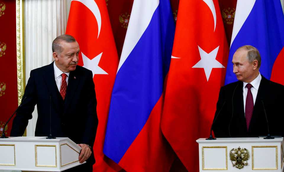 President of Turkey Recep Tayyip Erdogan (L) and President of Russia Vladimir Putin (R) hold a joint press conference following an inter-delegation meeting at Kremlin Palace in Moscow, Russia on January 23, 2019.
