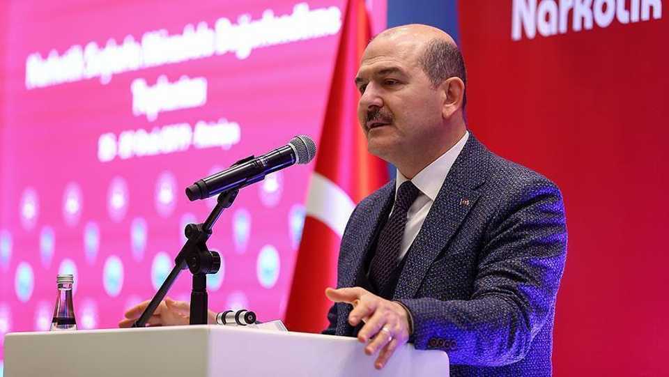 Turkish Interior Minister Suleyman Soylu speaking at the Fight With Narcotic Crimes Evaluation Meeting in southern Antalya province on January 27, 2019.