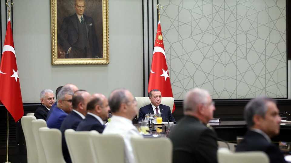 Turkish President Recep Tayyip Erdogan chairs a National Security Council meeting in Ankara, Turkey, on January 30, 2019.