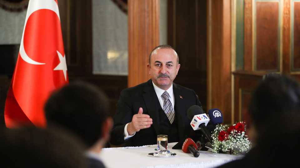 Foreign Minister of Turkey Mevlut Cavusoglu speaks during his meeting with Turkish press members at the Turkish Ambassador's Residence in Washington, United States on February 6, 2019.