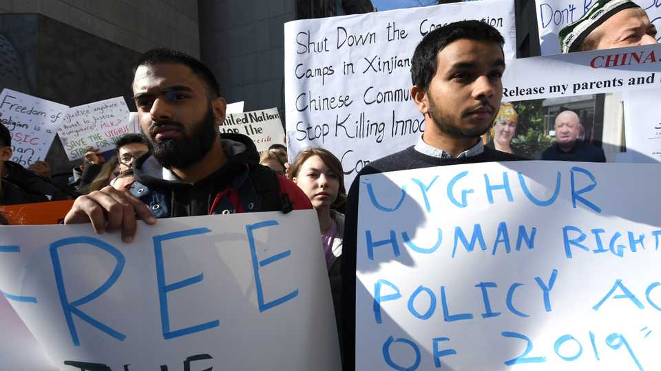 People protest at a Uighur rally on February 5, 2019 in front of the US Mission to the United Nations, to encourage the State Department to fight for the freedom of the majority-Muslim Uighur population unjustly imprisoned in Chinese concentration camps.