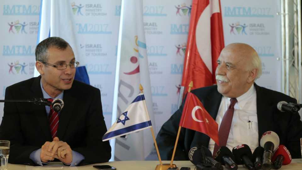 Turkish Culture and Tourism Minister Nabi Avci and Israeli Tourism Minister Yariv Levin hold joint press conference in Tel Aviv, Israel on February 7, 2017.