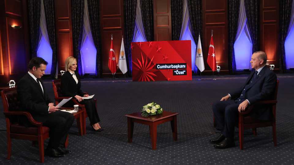 “Turkish President Recep Tayyip Erdogan (R) speaks during a joint live broadcast of NTV and Star TV channels in Istanbul, Turkey. (February 26, 2019)