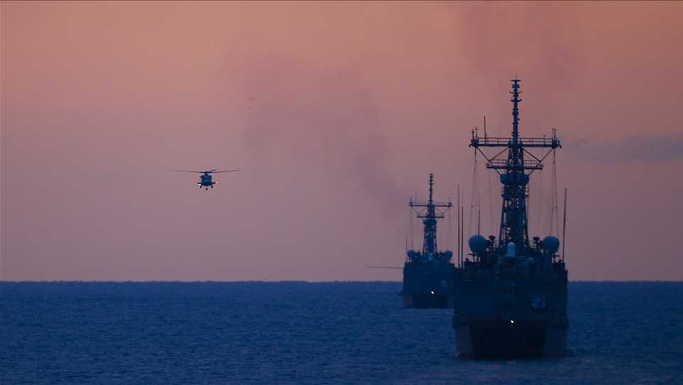 Frigates are deployed in the Aegean Sea for the 'Blue Homeland 2019' military exercise offshore Mugla, Turkey on February 27, 2019.