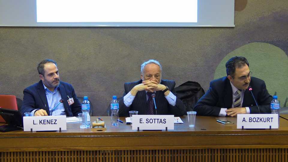 Two suspected members of FETO, Levent Kenez (L) and Abdullah Bozkurt (R) speak at the UN panel discussion, Geneva, March 6, 2019.