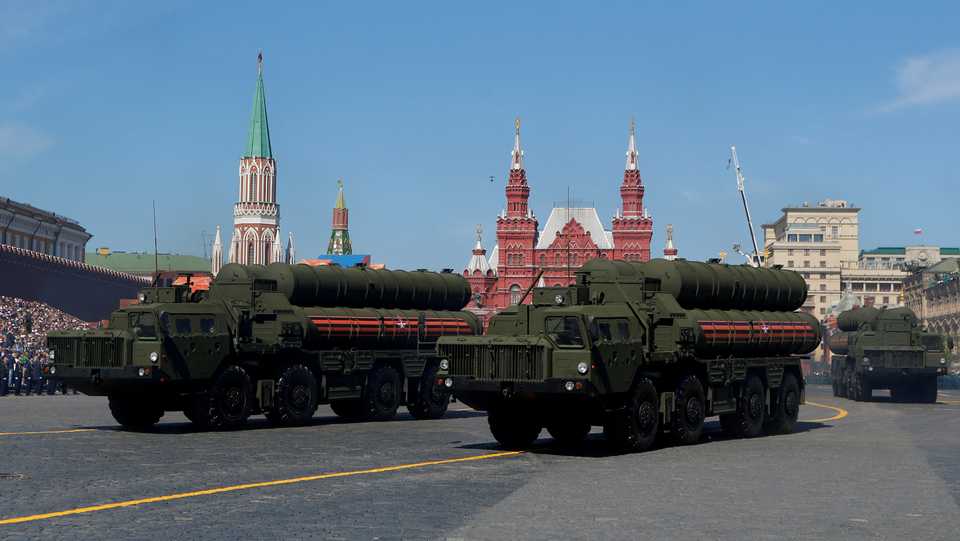 Russian S-400 missile air defence systems on display during a parade marking the 73rd anniversary of the victory over Nazi Germany in World War II, at Red Square in Moscow on May 9 2018.