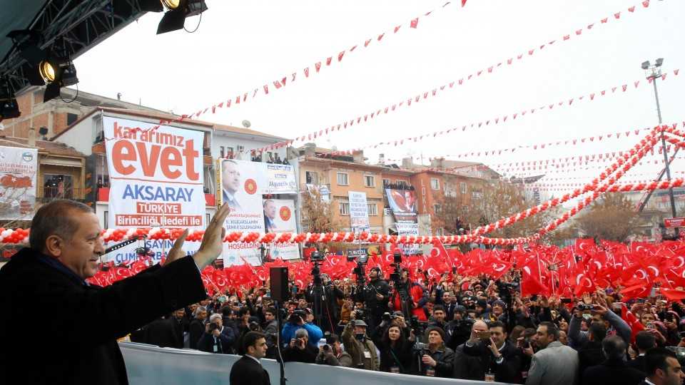 Turkish President Recep Tayyip Erdogan greets the crowd during the opening ceremony of Tuz Lake Natural Gas Storage facility and ​inauguration ceremonies of completed public investments, in Aksaray, Turkey on February 10, 2017.