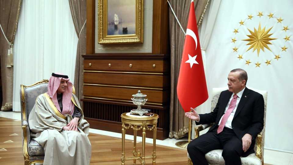 Turkish President Recep Tayyip Erdogan (R) meets Minister of Foreign Affairs of Saudi Arabia, Adel al-Jubeir (L) at the Presidential Complex in Ankara, Turkey on February 8, 2017.