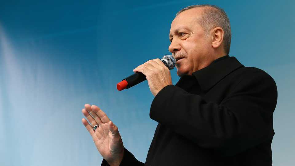 President of Turkey and the leader of Turkey's governing Justice and Development (AK) Party Recep Tayyip Erdogan addresses the crowd during a mass opening ceremony in Pursaklar district of Ankara, Turkey on March 13, 2019.
