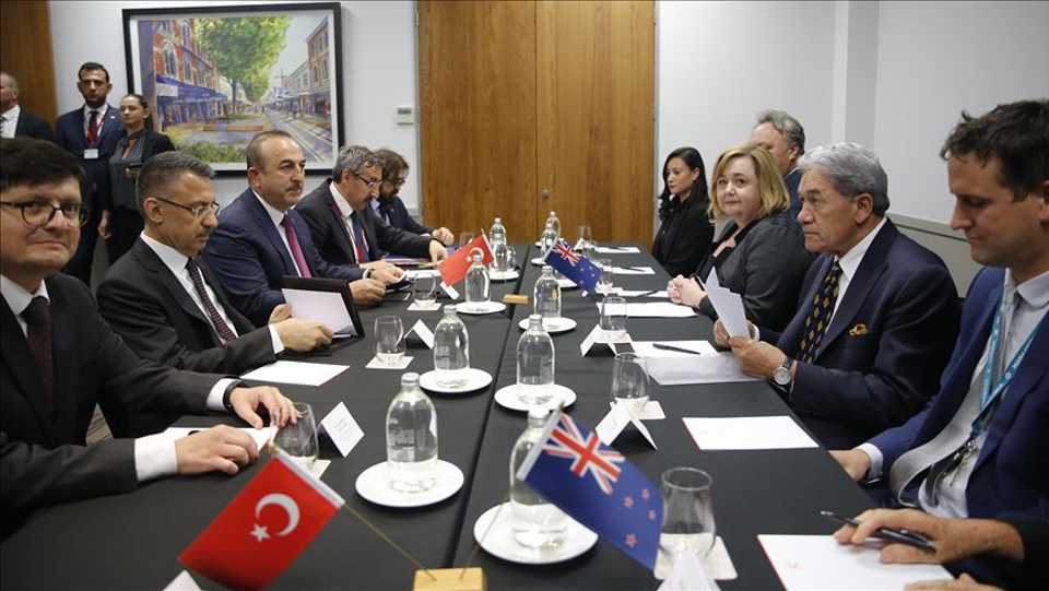 Turkish Vice President Fuat Oktay (left 2) and Turkish Foreign Minister Mevlut Cavusoglu (left 3) attend an inter-delegations meeting with New Zealand's Foreign Minister, Winston Peters (right 2) in Christchurch in New Zealand on March 17, 2019.