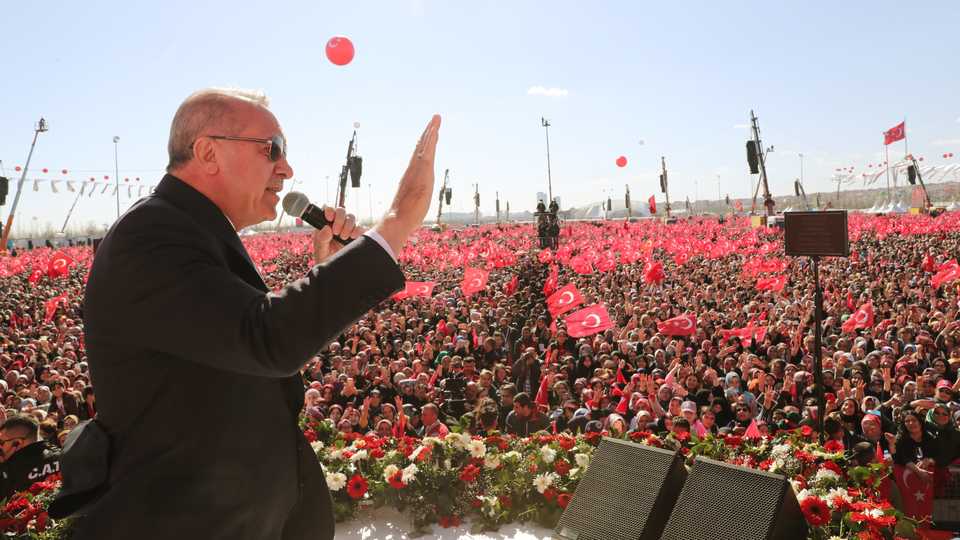Turkey's President Erdogan addresses a closing election rally drawing hundreds of thousands, in a major show of strength.