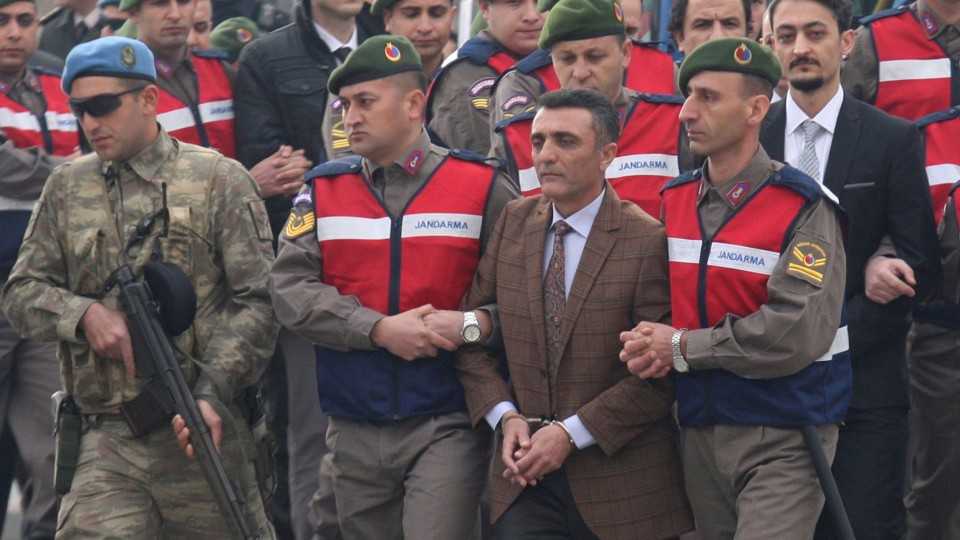 Turkish gendarmes escort the suspects accused of attempting to assassinate Turkish President Tayyip Erdogan to trial in Mugla, Turkey, February 20, 2017.