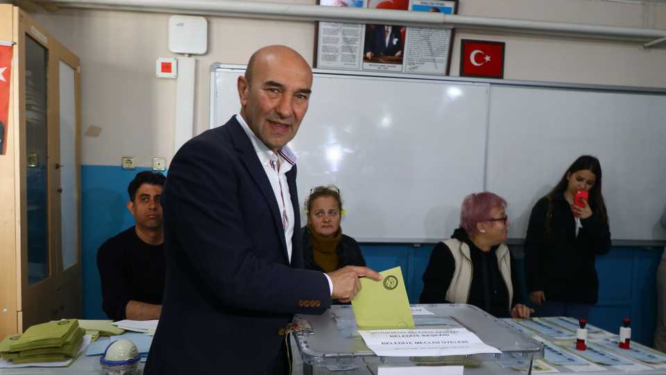 CHP's mayoral candidate for Izmir Metropolitan Municipality Tunc Soyer arrives to casts his vote at a polling station during local elections in Seferihisar district of Izmir, Turkey on March 31, 2019.