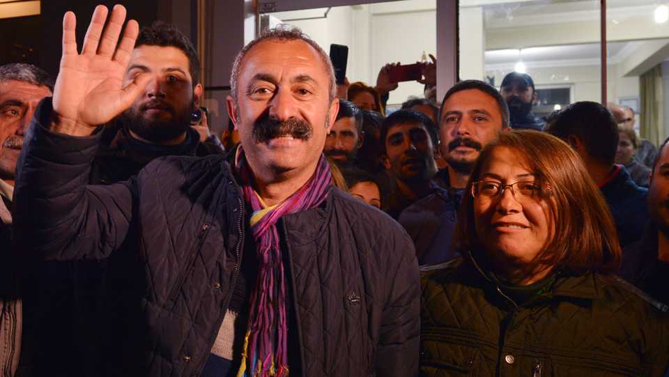 The Communist Party of Turkey(TKP) candidate Fatih Mehmet Macoglu(L) was celebrating winning of Tunceli's mayorship on March 31, 2019.