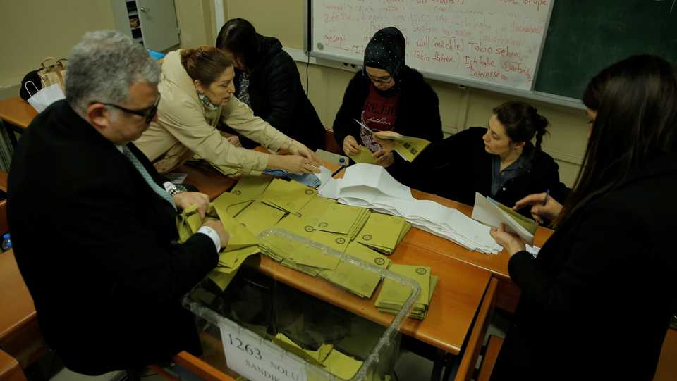 Officials count ballots after polls closed during local elections in Istanbul, Turkey on March 31, 2019.