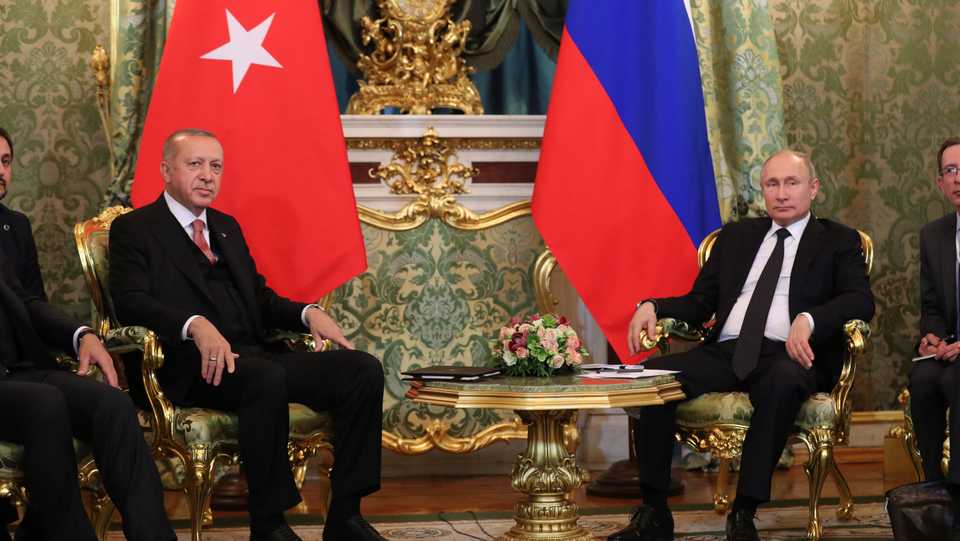 Turkish President Recep Tayyip Erdogan (L) meets with Russian President Vladimir Putin (R) at Kremlin Palace in Moscow, Russia on April 08, 2019. (Turkish Presidency/Cem Oksuz/Handout)
