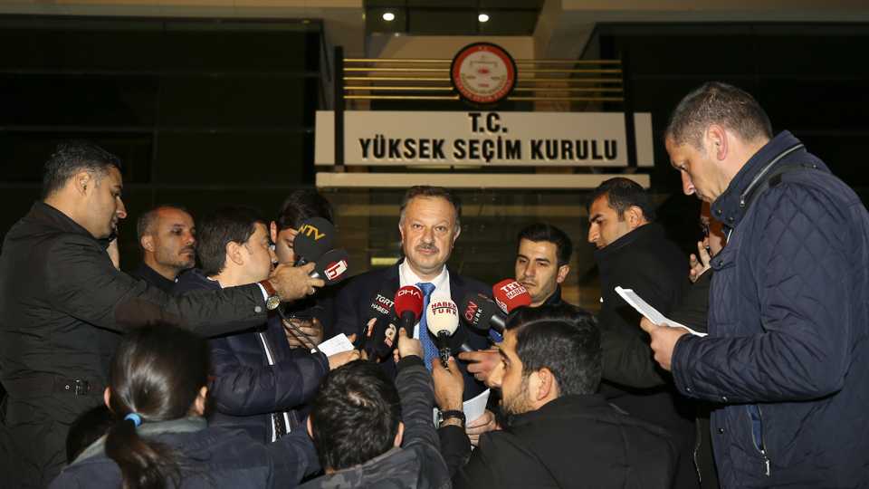 Turkey's governing AK Party has appealed for the votes to be recounted in 32 districts in Istanbul. Here, Recep Ozel, the party's representative on Turkey's Supreme Election Council speaks to reporters.