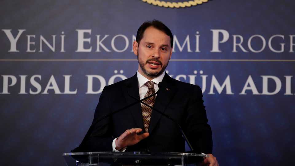 Turkish Treasury and Finance Minister Berat Albayrak attends a news conference in Istanbul, Turkey. (April 10, 2019)