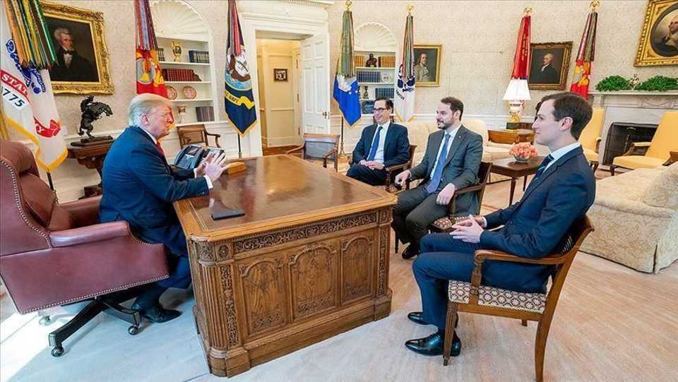 Turkish Treasury and Finance Minister Berat Albayrak holding a meeting with US President Donald Trump at the Oval Office on April 15, 2019.