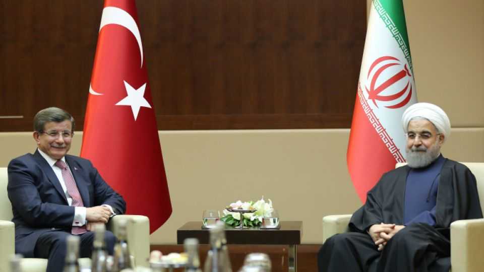 Iranian President Hassan Rouhani meets Turkish Prime Minister Ahmet Davutoglu at JW Marriott Hotel in Ankara, Turkey on April 15, 2016.