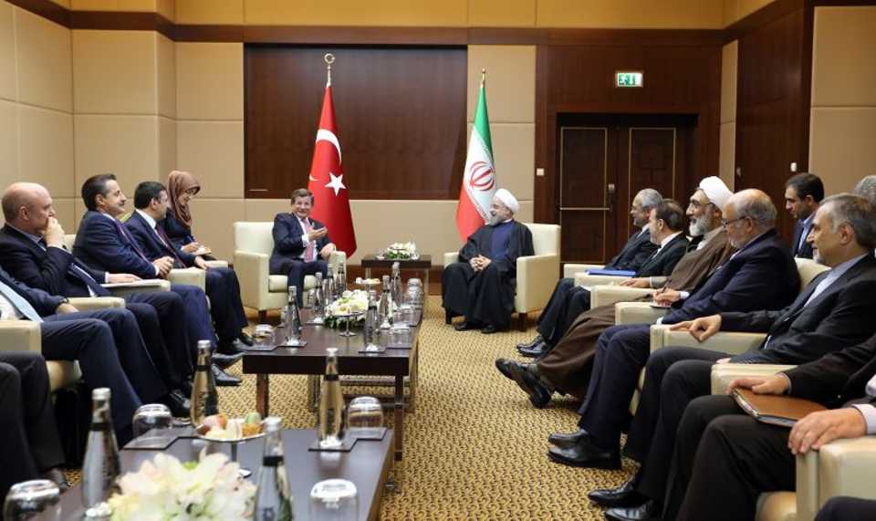 Iranian President Hassan Rouhani meets Turkish Prime Minister Ahmet Davutoglu at JW Marriott Hotel in Ankara, Turkey on April 15, 2016. 