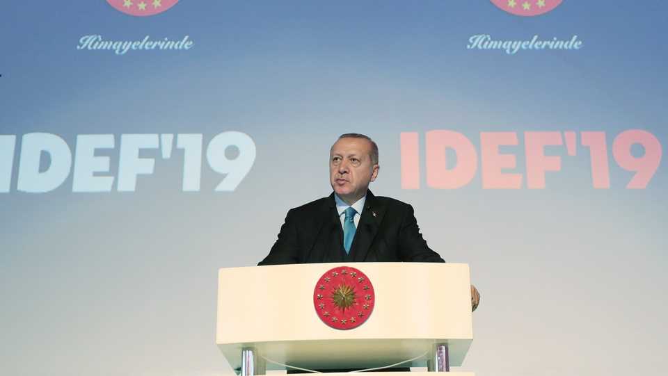 President of Turkey Recep Tayyip Erdogan speaks during the 14th International Defense Industry Fair (IDEF'19) at Tuyap Fair and Exhibition Center, in Istanbul, Turkey on April 30, 2019.
