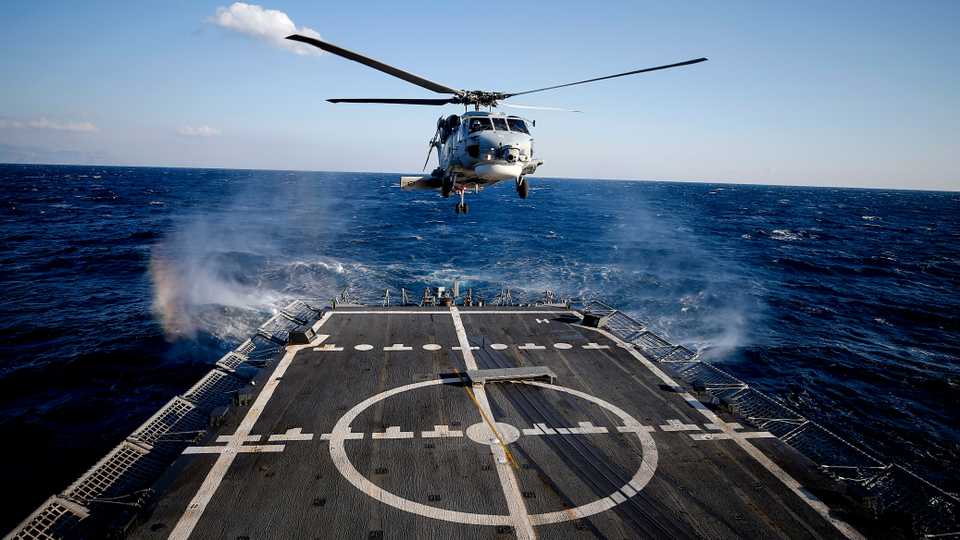 File photo, a helicopter lands on a frigate deck during 'Blue Homeland 2019' naval drill in Antalya, Turkey on February 27, 2019.