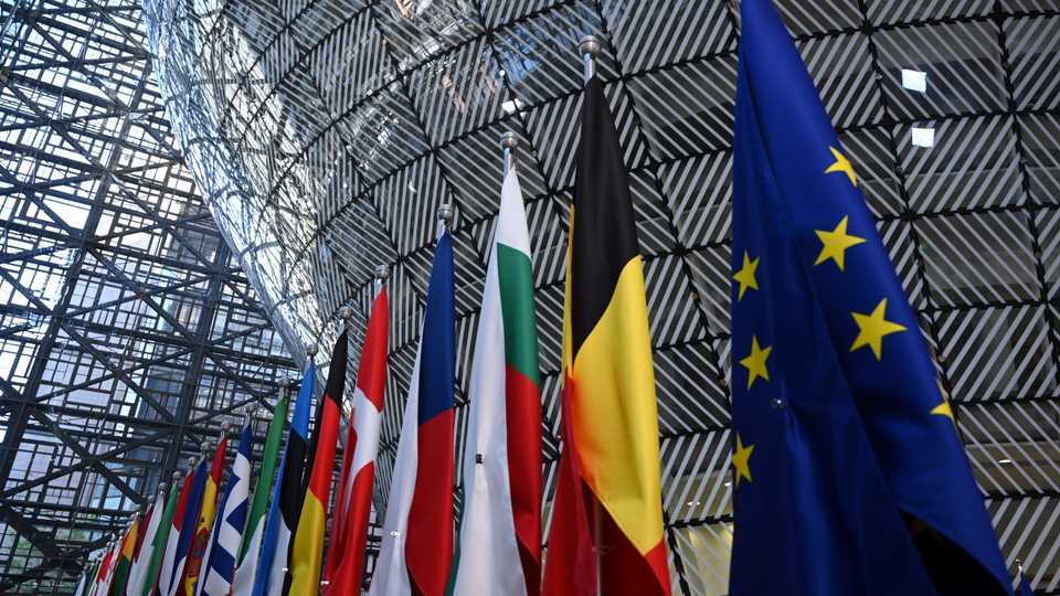 FILE IMAGE: A European Union flag is displayed with European countries' flags at the European Council in Brussels, Belgium.