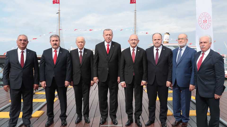 President of Turkey, Recep Tayyip Erdogan poses for a photo along with the leaders other political parties of the country during a ceremony marking the 100th anniversary of Ataturk's arrival at Samsun in 1919, Samsun, Turkey on May 19, 2019.