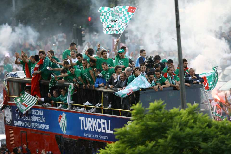 Bursaspor soccers celebrating their championship with their fans in the city of Bursa.
