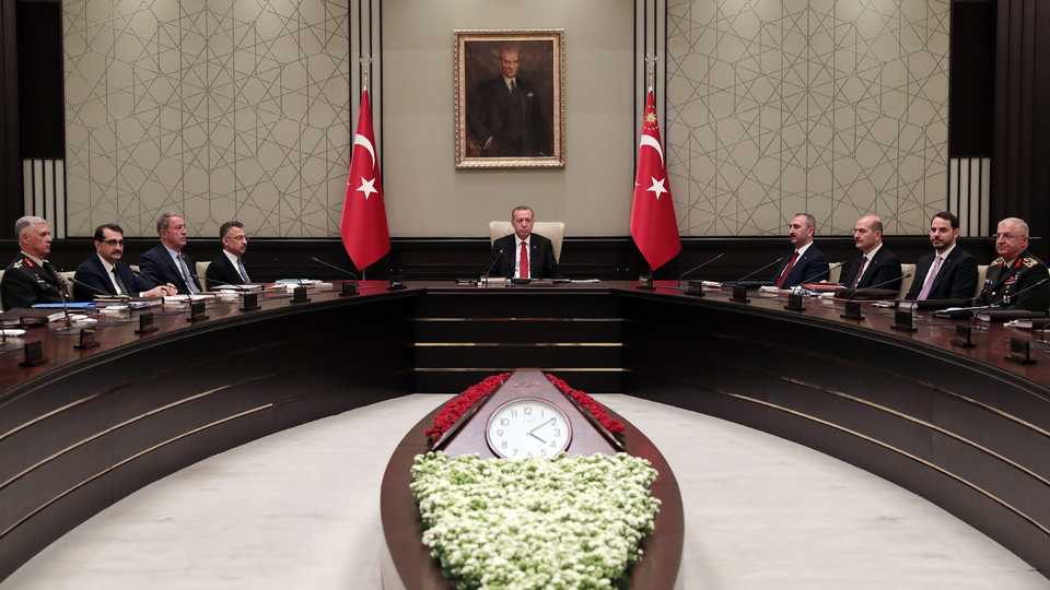 President of Turkey Recep Tayyip Erdogan (C) leads National Security Council meeting at Presidential Complex, in Ankara, Turkey on March 30, 2019.