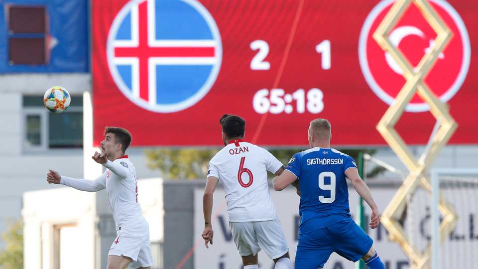 Dorukhan Tokoz (14) of Turkey in action during UEFA European Qualifying Group H match between Iceland and Turkey at Laugardalsvollur Stadium in Reykjavik, Iceland. (June 11, 2019)