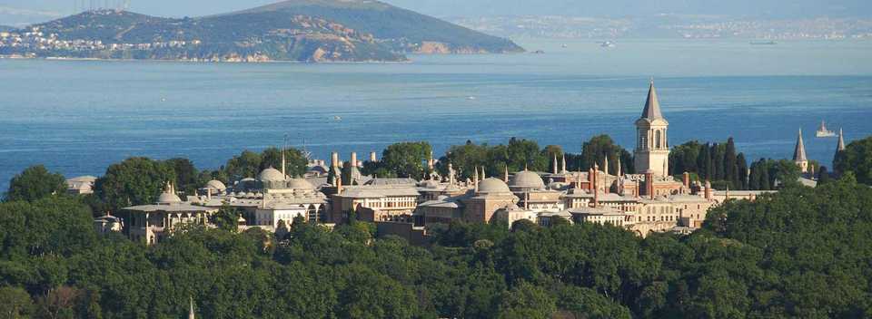 An outside view of Topkapi Palace, which was the central headquarters of the Ottoman Empire, located on a peninsula in the heart of the old city of Istanbul.