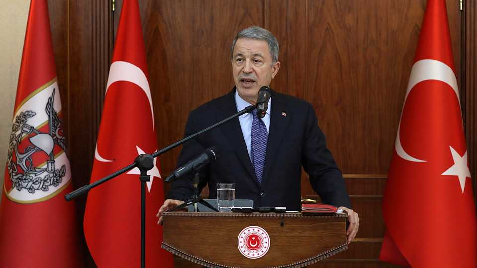 Turkey's Defence Minister Hulusi Akar speaks to a group of reporters in Ankara, Turkey (File).